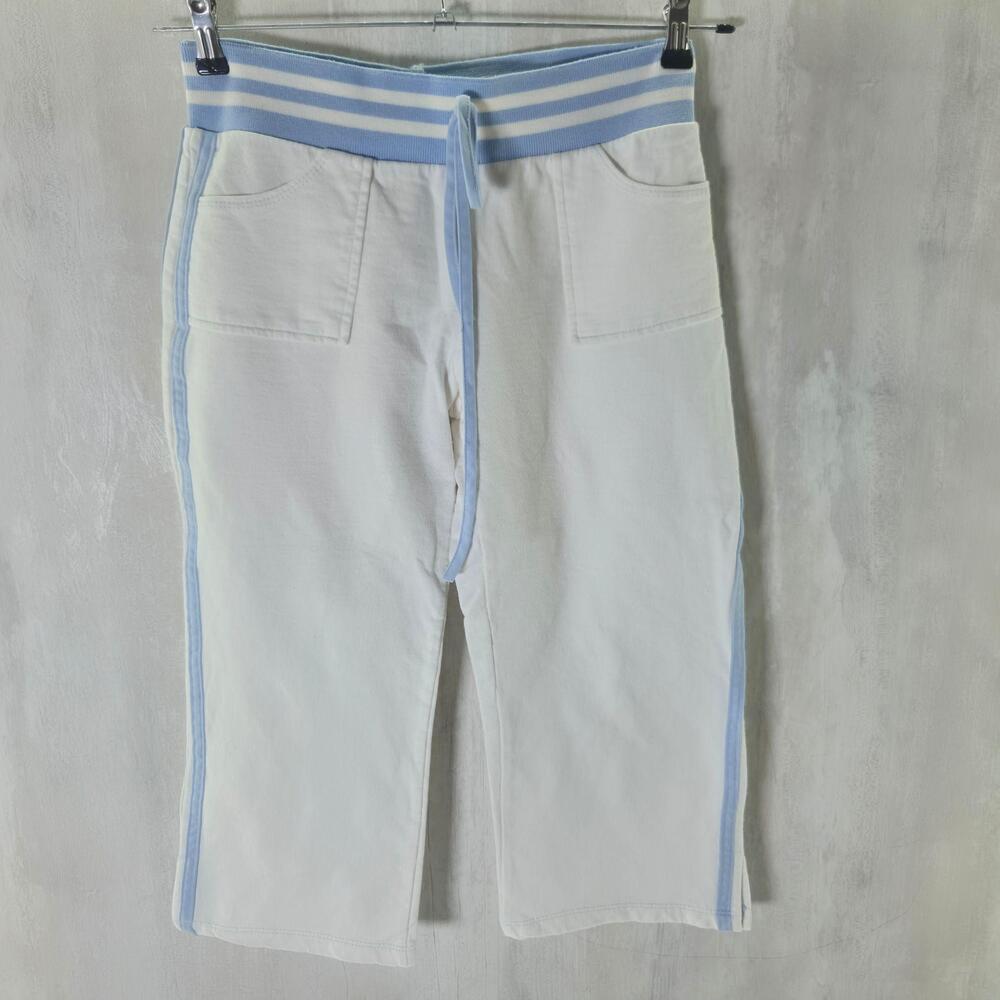 Sweatpants Womens Medium White Blue Stripe Cropped Elastic Waist Pockets Lounge